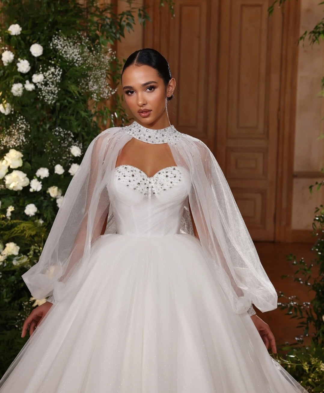 Strapless Beaded Embellished Sweetheart A-Line Bridal Gown With Detachable Long Sleeve Bolero