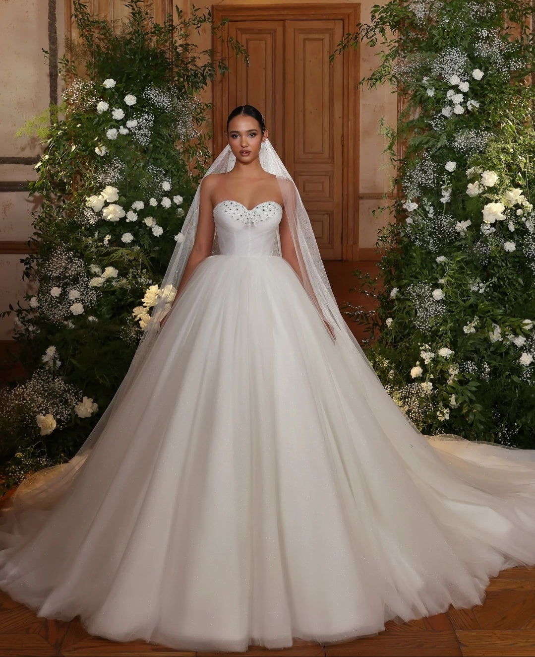 Strapless Beaded Embellished Sweetheart A-Line Bridal Gown With Detachable Long Sleeve Bolero