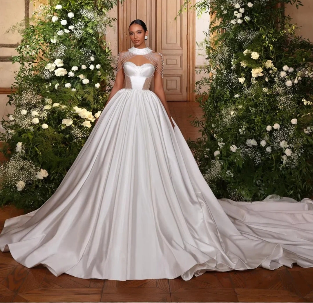 Beaded Multi Draped Collar Sweetheart Illusion Cutout Side Corset Sweetheart Bridal Ball Gown