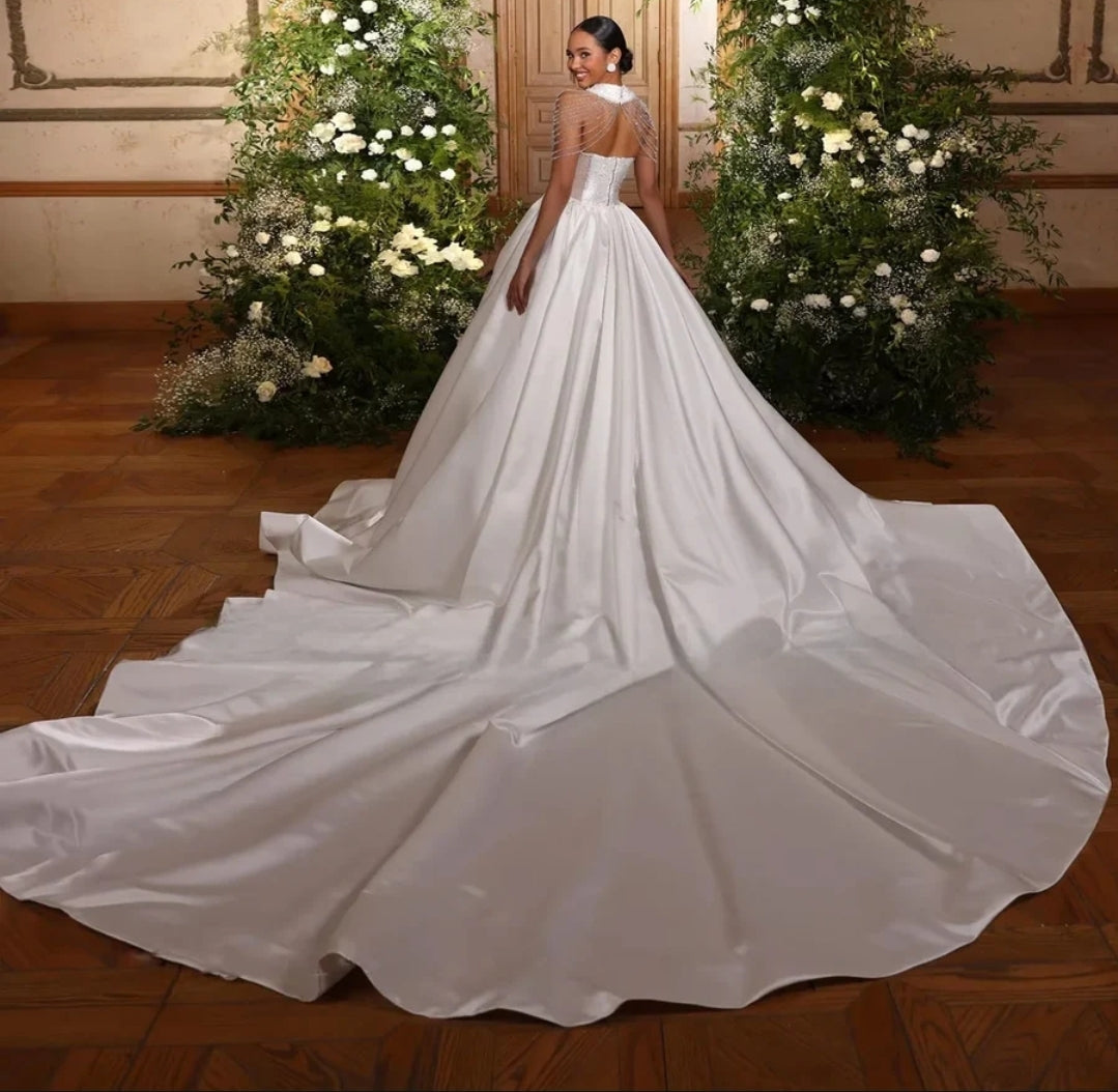 Beaded Multi Draped Collar Sweetheart Illusion Cutout Side Corset Sweetheart Bridal Ball Gown