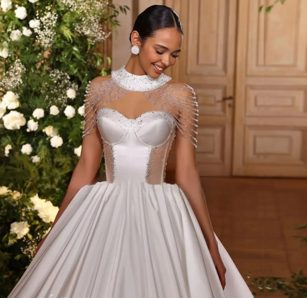 Beaded Multi Draped Collar Sweetheart Illusion Cutout Side Corset Sweetheart Bridal Ball Gown