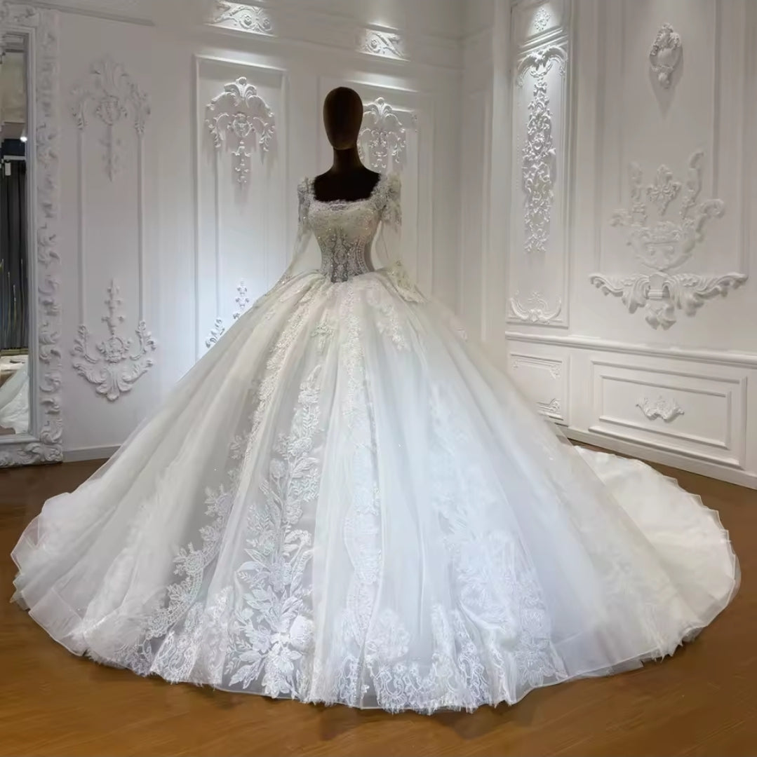 Beautiful & Elegant Lace Square Neck Sweetheart Floral A-Line Bridal Gown With Back Lace O And Lace Up Closure