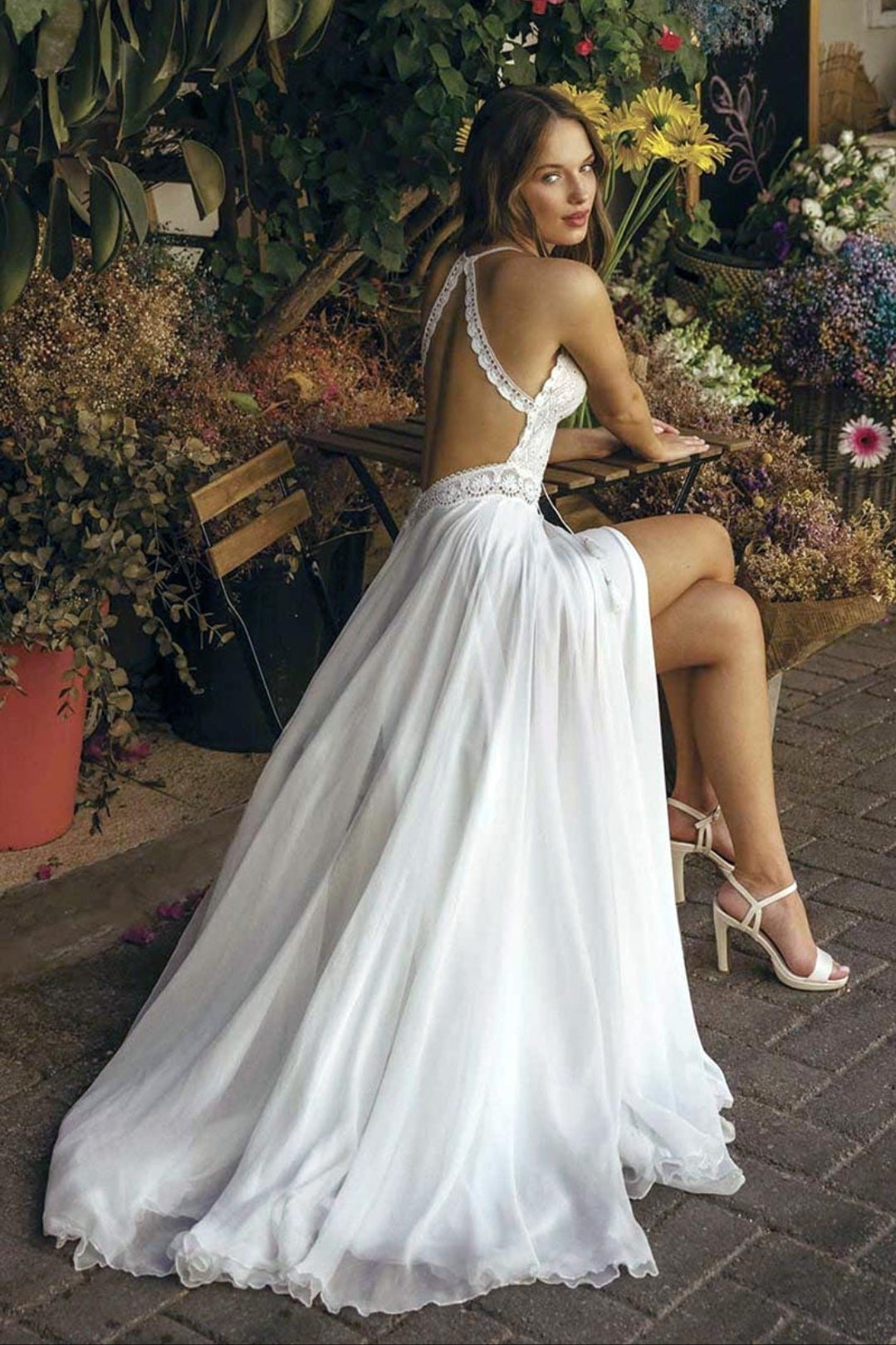 Sweet And Simple Chiffon Lace Strap Plunging Neckline And Sexy Open Back Beach Bridal & Ceremonial Gown