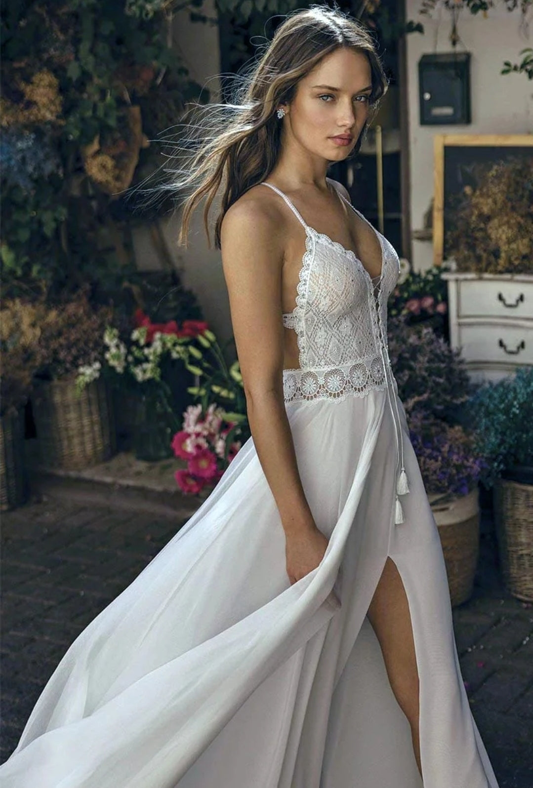 Sweet And Simple Chiffon Lace Strap Plunging Neckline And Sexy Open Back Beach Bridal & Ceremonial Gown