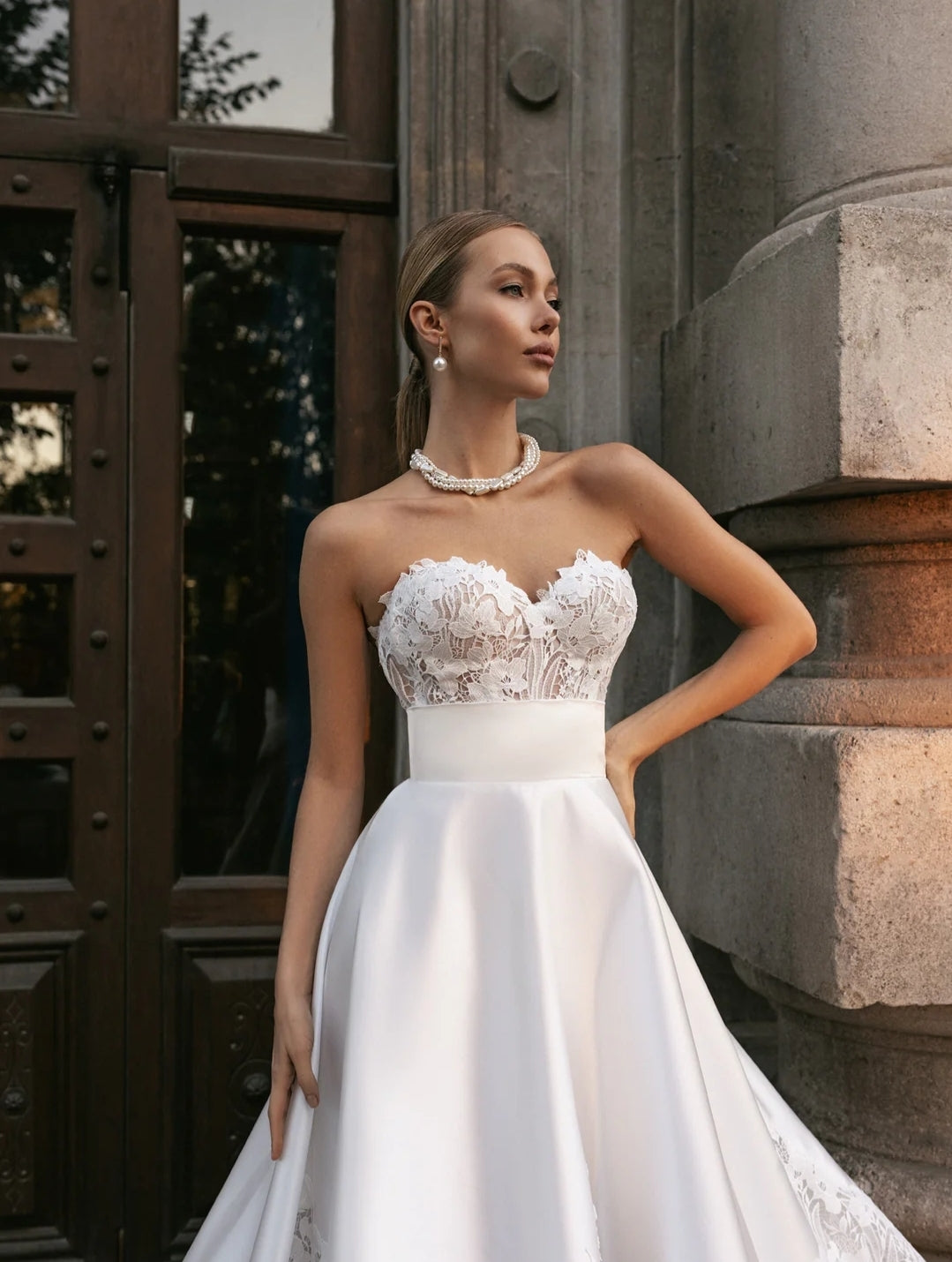 Sweetheart Strapless Delicate Floral Lace And Satin Bridal Gown