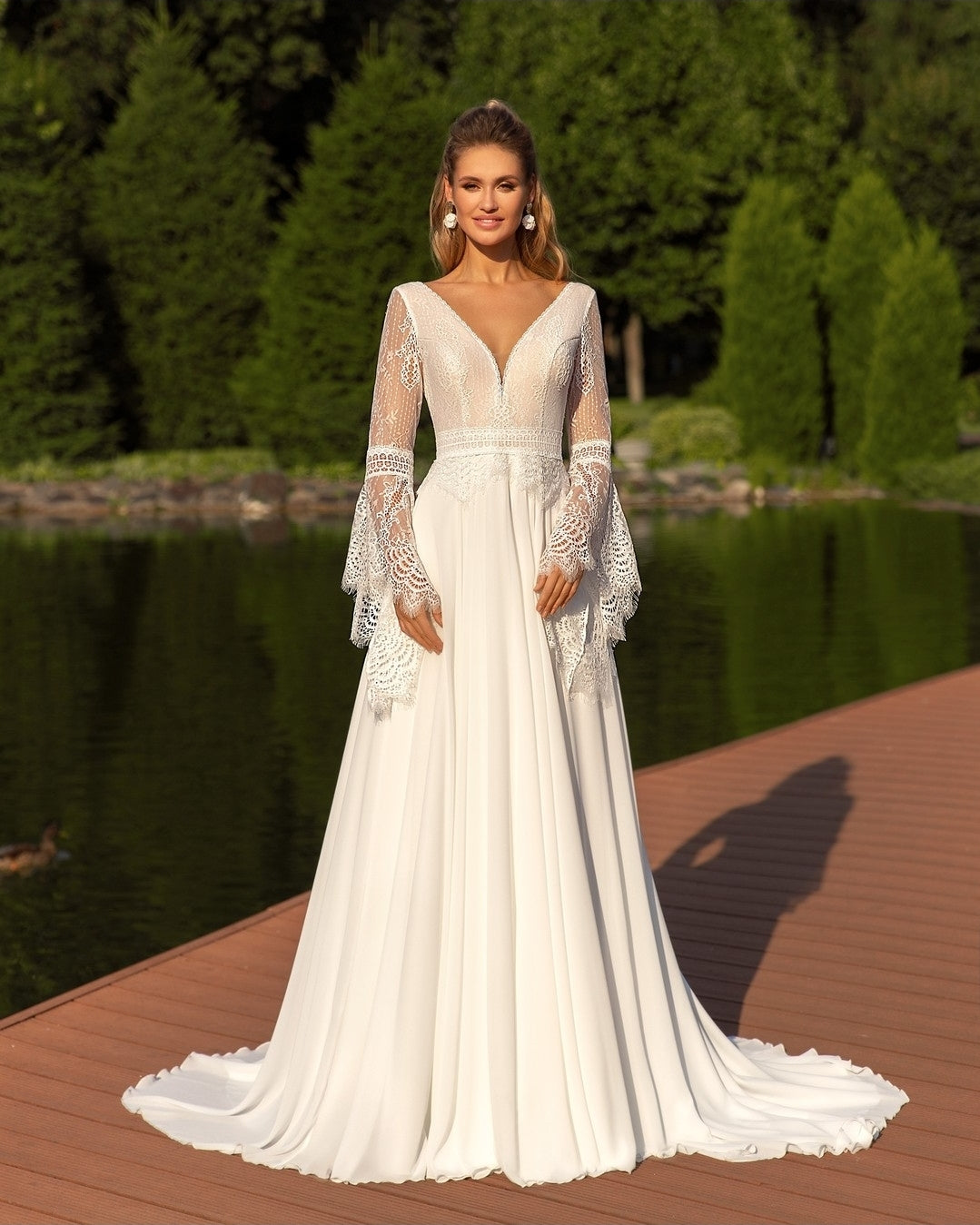 Long Lace Boho Flare Sleeve Chiffon Bridal And Ceremonial Gown