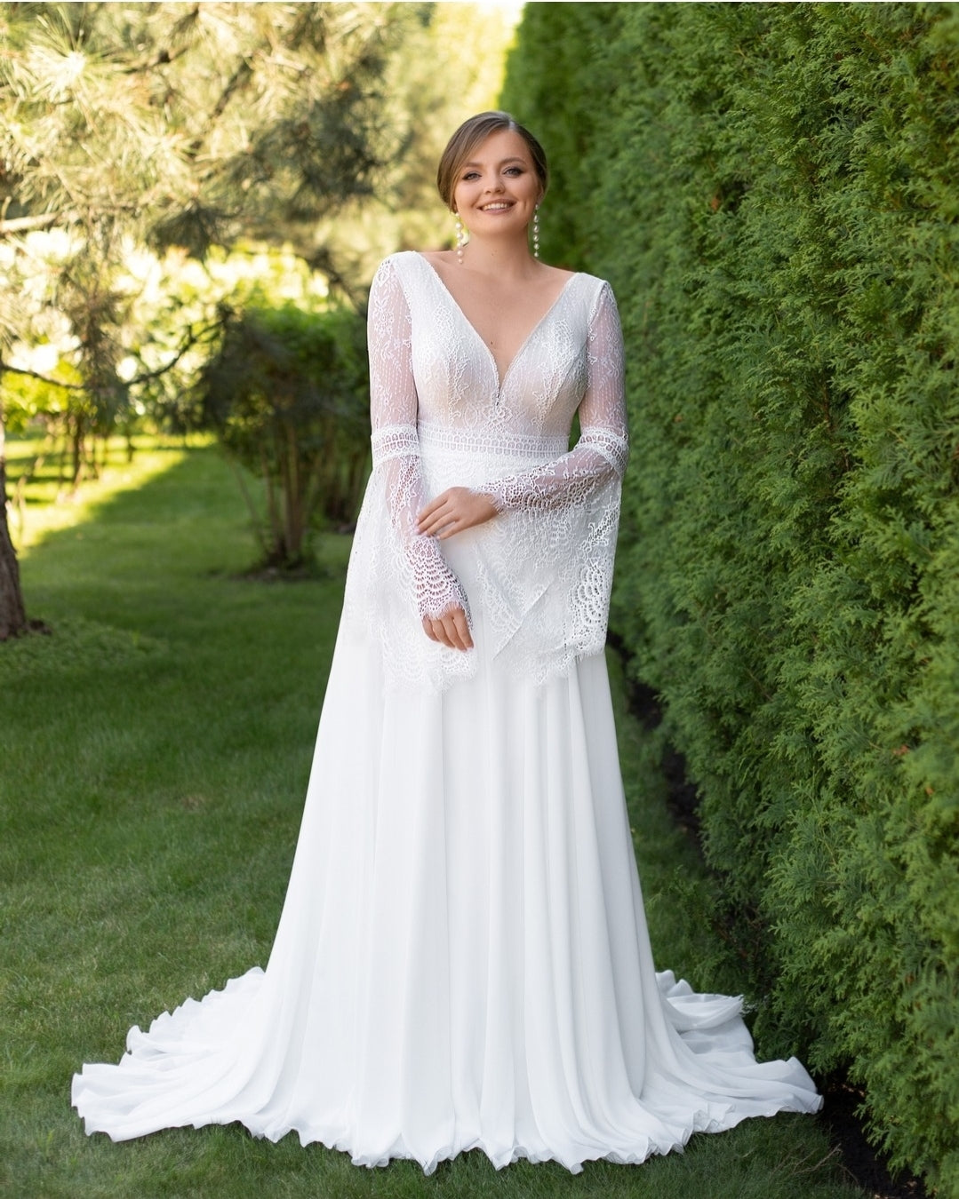 Long Lace Boho Flare Sleeve Chiffon Bridal And Ceremonial Gown
