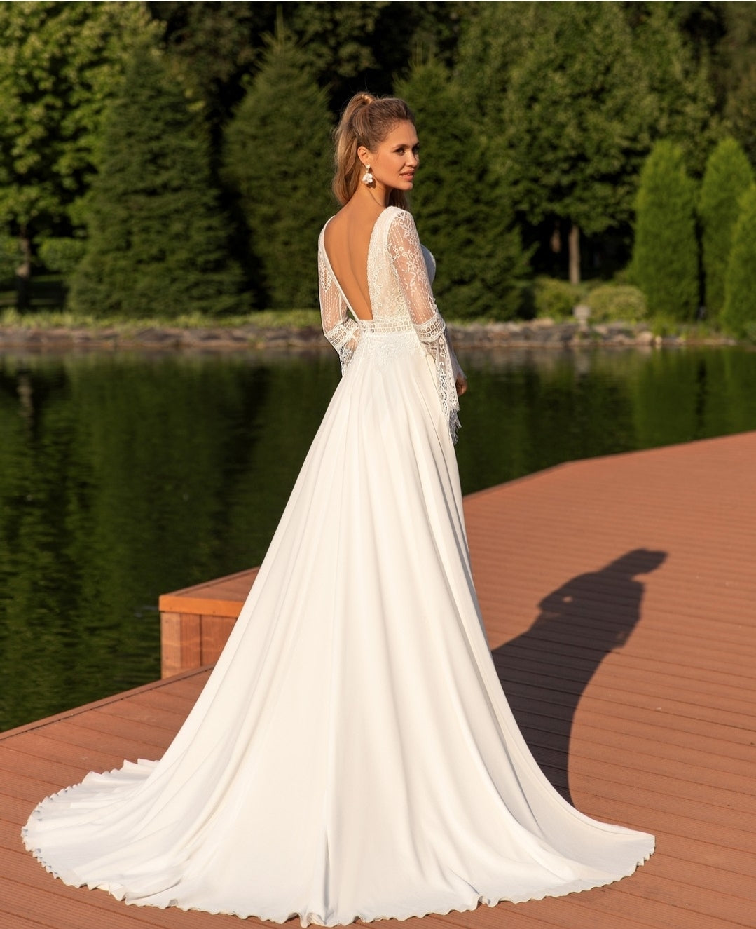 Long Lace Boho Flare Sleeve Chiffon Bridal And Ceremonial Gown