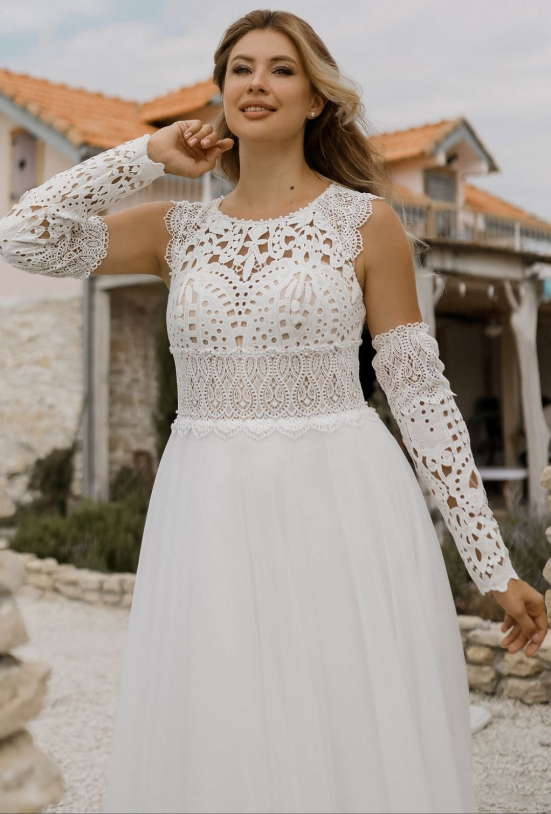 Beautiful And Unique Hollowed Out Lace Boho Chiffon Ceremonial And Bridal Gown With Detached Sleeves