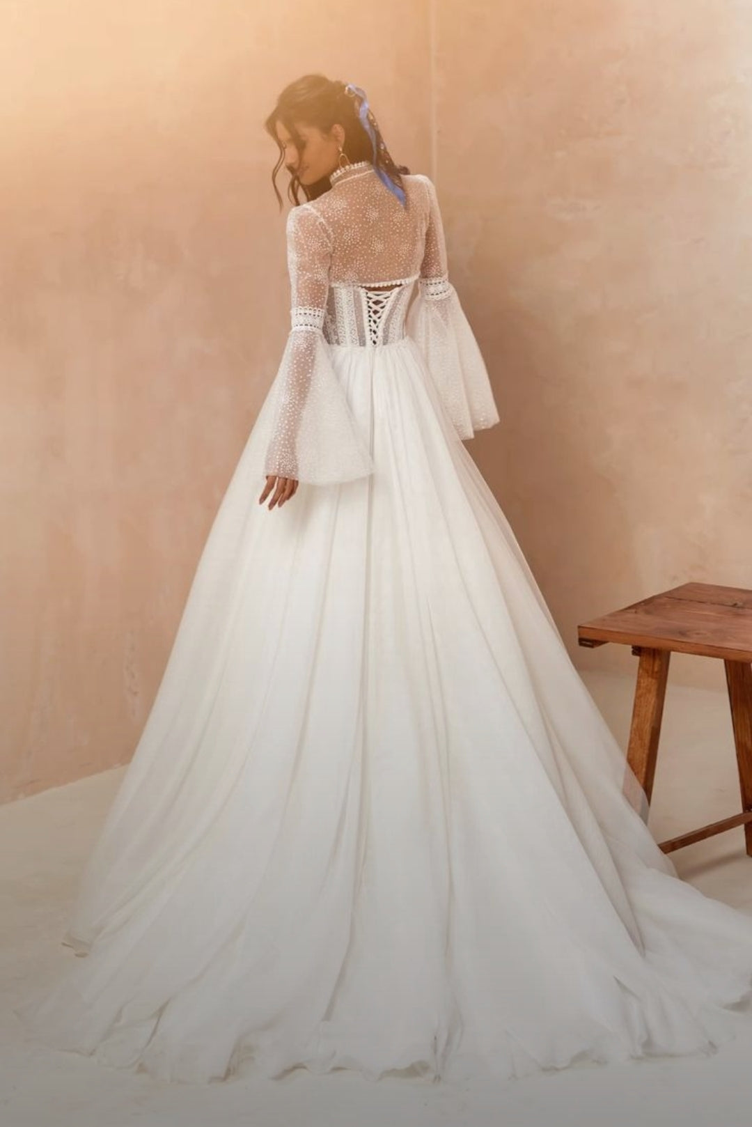Boho Lace Dotted Strapless Boat Neck With Draped Tassel Detail A-Line Gown With Lace Up Closure And Matching Detached Flare Sleeve Bolero