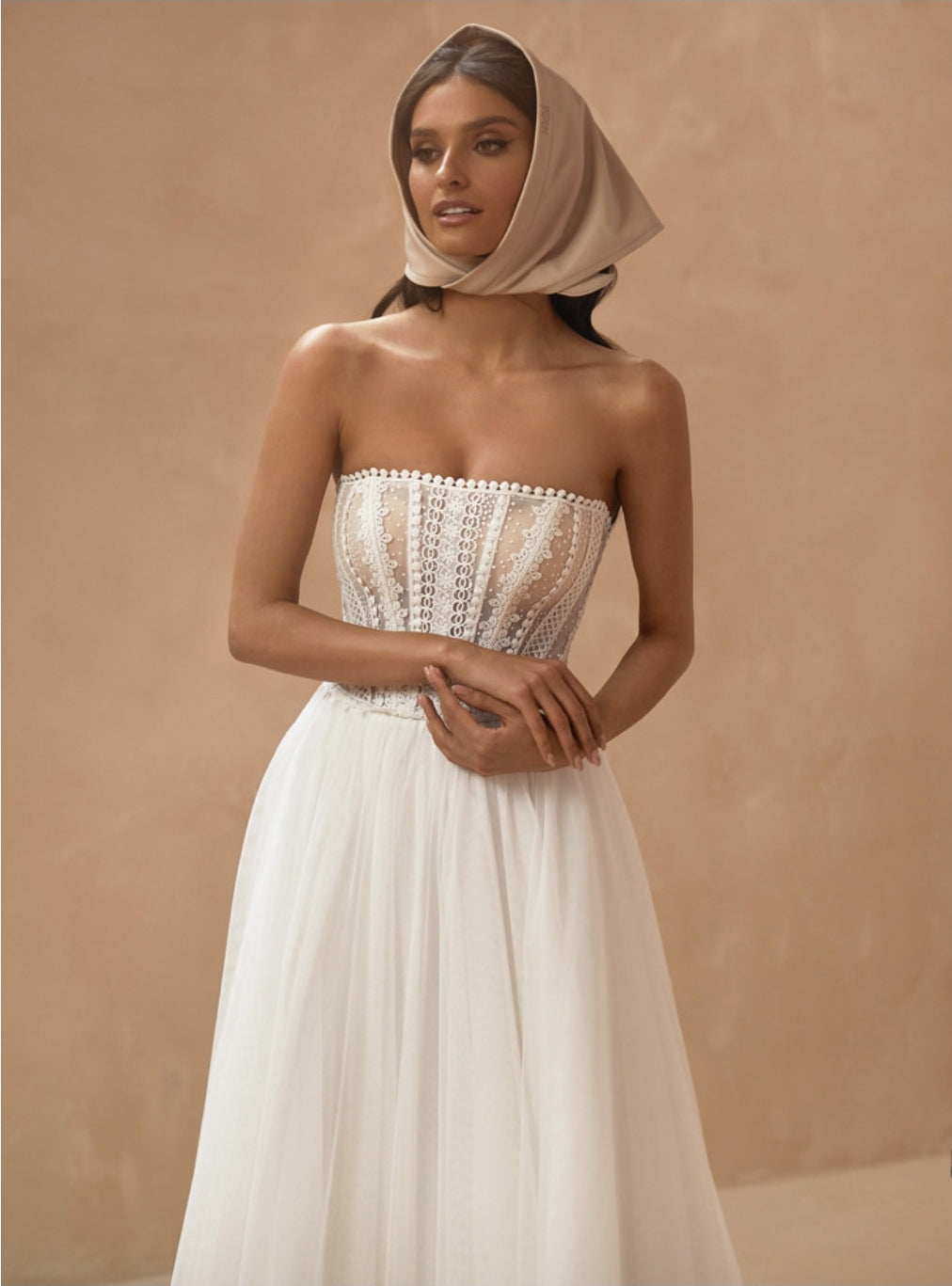 Boho Lace Dotted Strapless Boat Neck With Draped Tassel Detail A-Line Gown With Lace Up Closure And Matching Detached Flare Sleeve Bolero