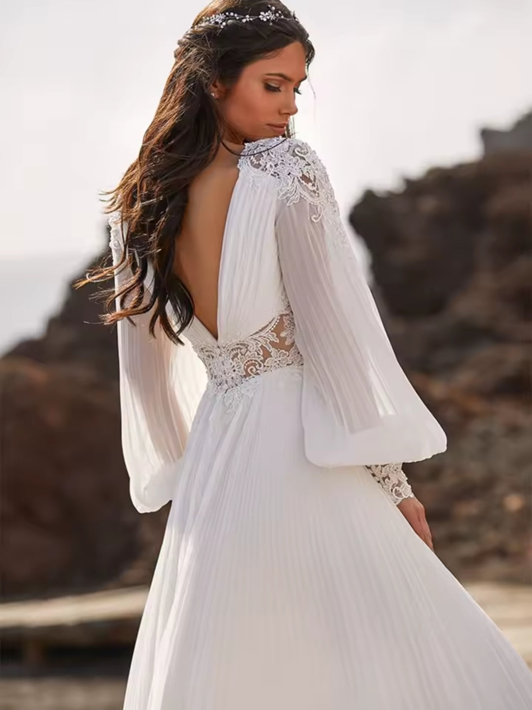 Plunging V Neck Long Sleeve Pleated Lace Shoulder, Waist And Wrist Detail A-Line Bridal And Ceremonial Gown