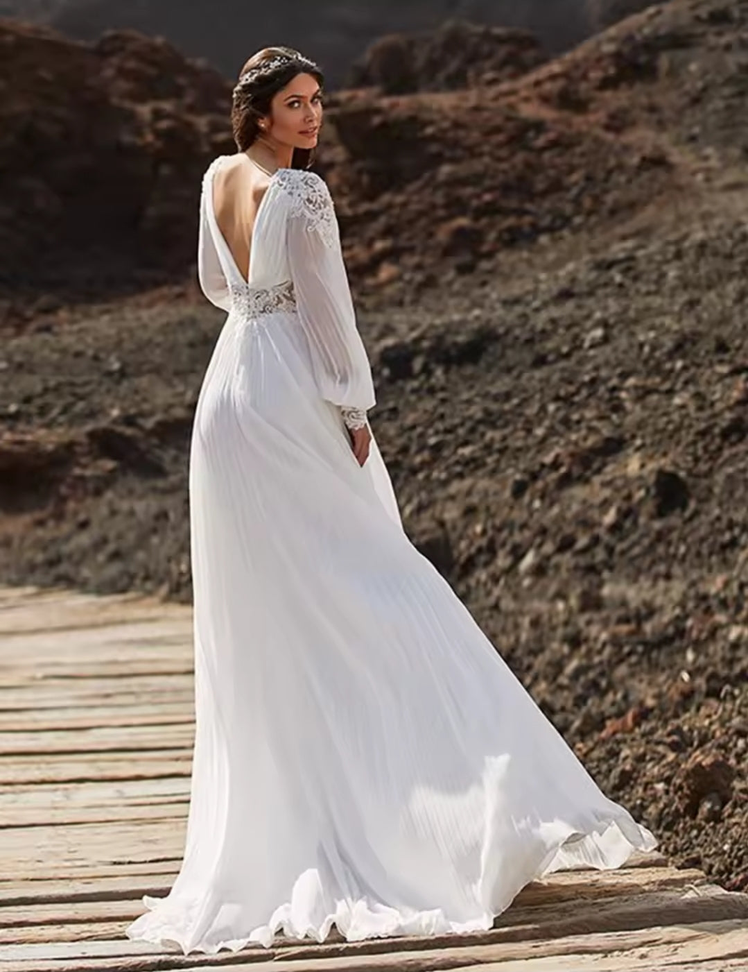 Plunging V Neck Long Sleeve Pleated Lace Shoulder, Waist And Wrist Detail A-Line Bridal And Ceremonial Gown