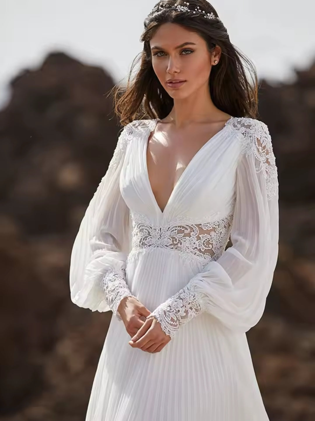 Plunging V Neck Long Sleeve Pleated Lace Shoulder, Waist And Wrist Detail A-Line Bridal And Ceremonial Gown