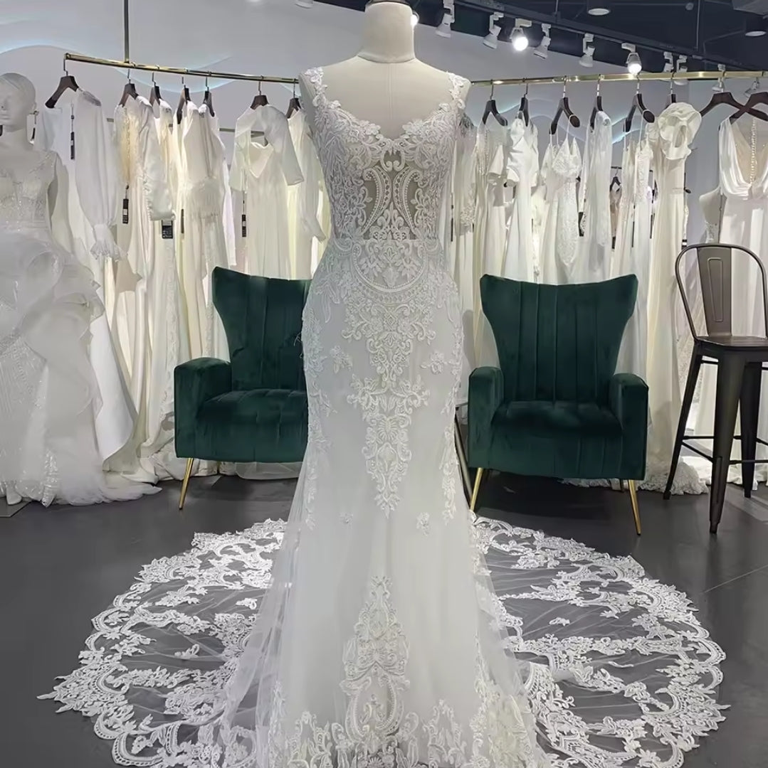 Simple And Beautiful Lace Spaghetti Strap V Neck Mermaid Ceremonial And Bridal Gown With Open Back
