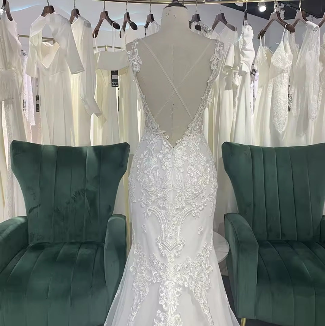Simple And Beautiful Lace Spaghetti Strap V Neck Mermaid Ceremonial And Bridal Gown With Open Back