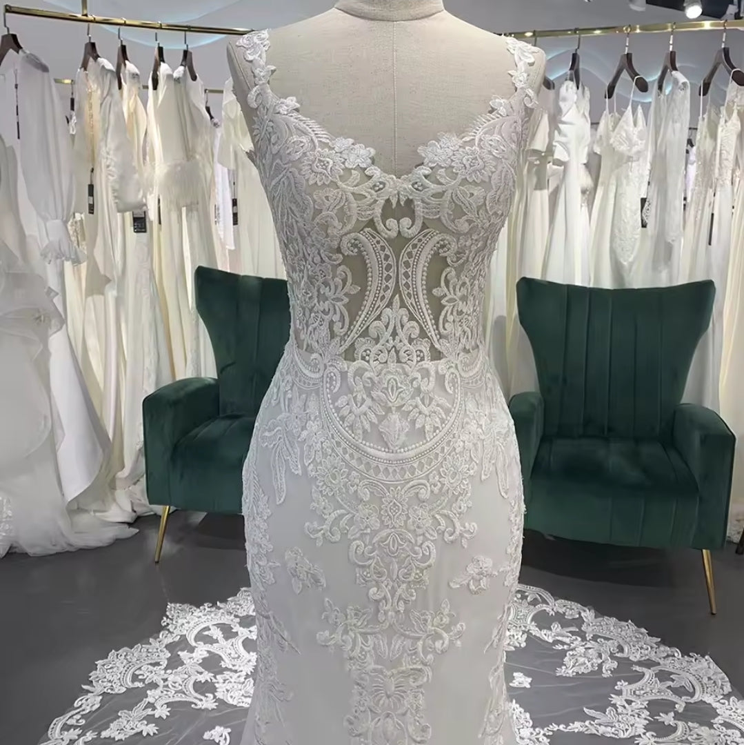 Simple And Beautiful Lace Spaghetti Strap V Neck Mermaid Ceremonial And Bridal Gown With Open Back