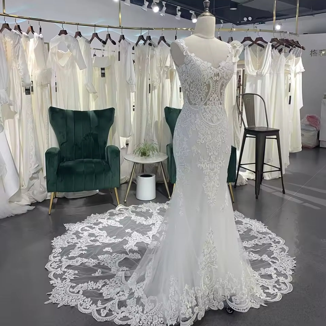 Simple And Beautiful Lace Spaghetti Strap V Neck Mermaid Ceremonial And Bridal Gown With Open Back