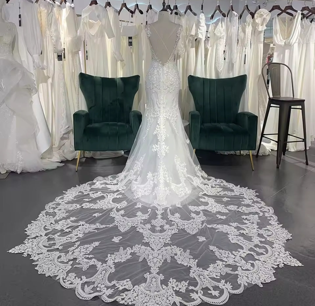 Simple And Beautiful Lace Spaghetti Strap V Neck Mermaid Ceremonial And Bridal Gown With Open Back