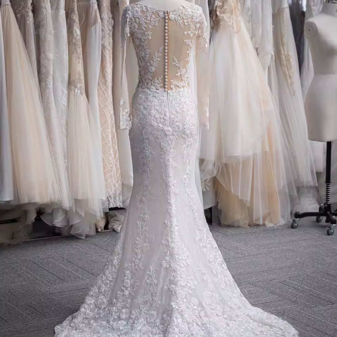 Sequinned Lace Long Sleeve Floral Lace Sweetheart Mermaid Bridal Gown 2025
