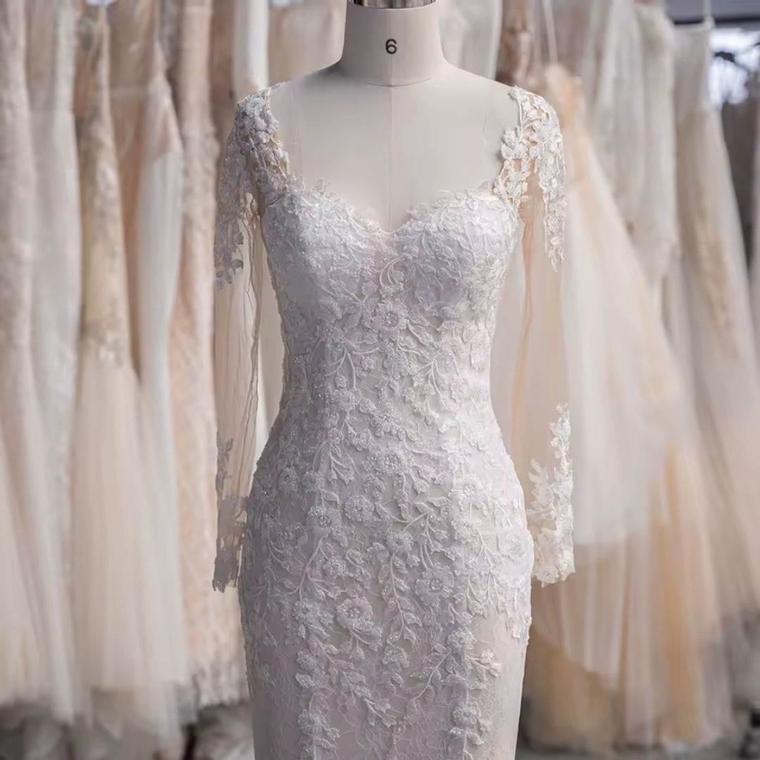 Sequinned Lace Long Sleeve Floral Lace Sweetheart Mermaid Bridal Gown 2025