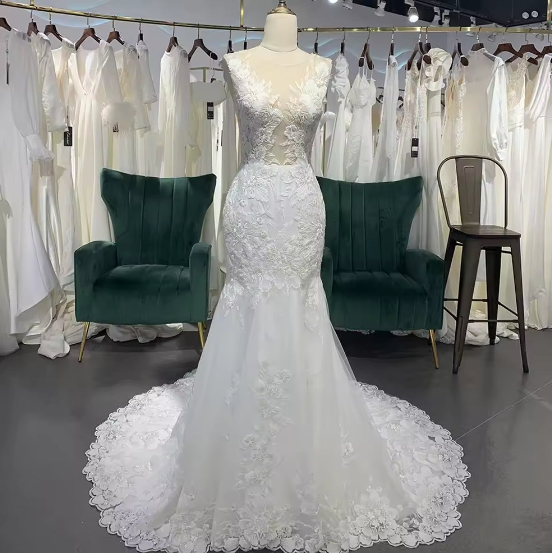 Beautiful Stunning Floral Lace 2025 Sleeveless Fit To Flare Mermaid Bridal Gown With Exceptional Back Show