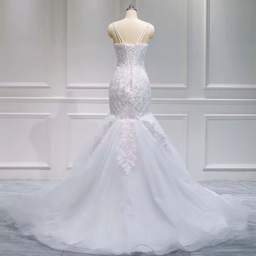 Double Strap Sleeveless Sweetheart Lace Fit To Flare Mermaid Bridal And Ceremonial Gown