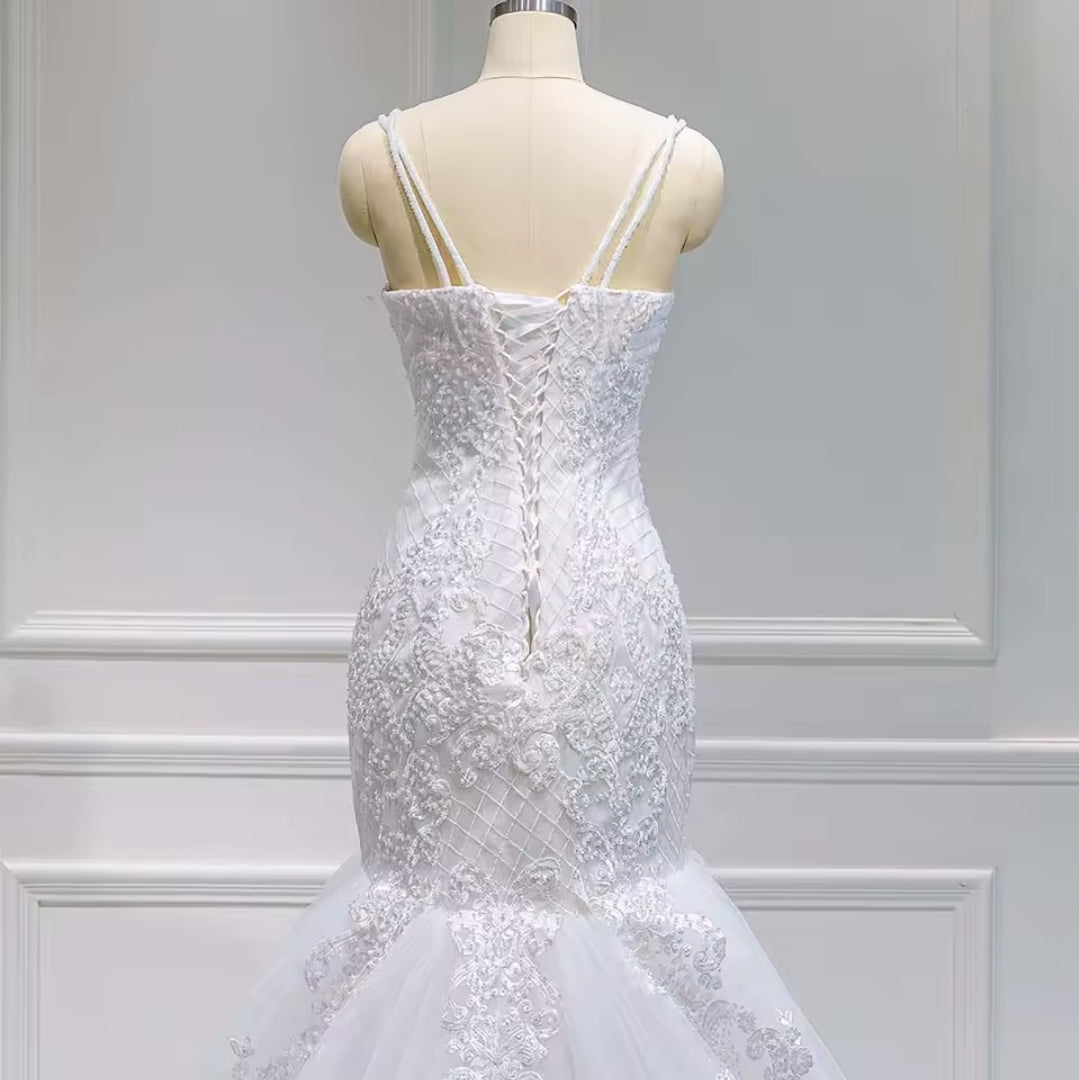 Double Strap Sleeveless Sweetheart Lace Fit To Flare Mermaid Bridal And Ceremonial Gown