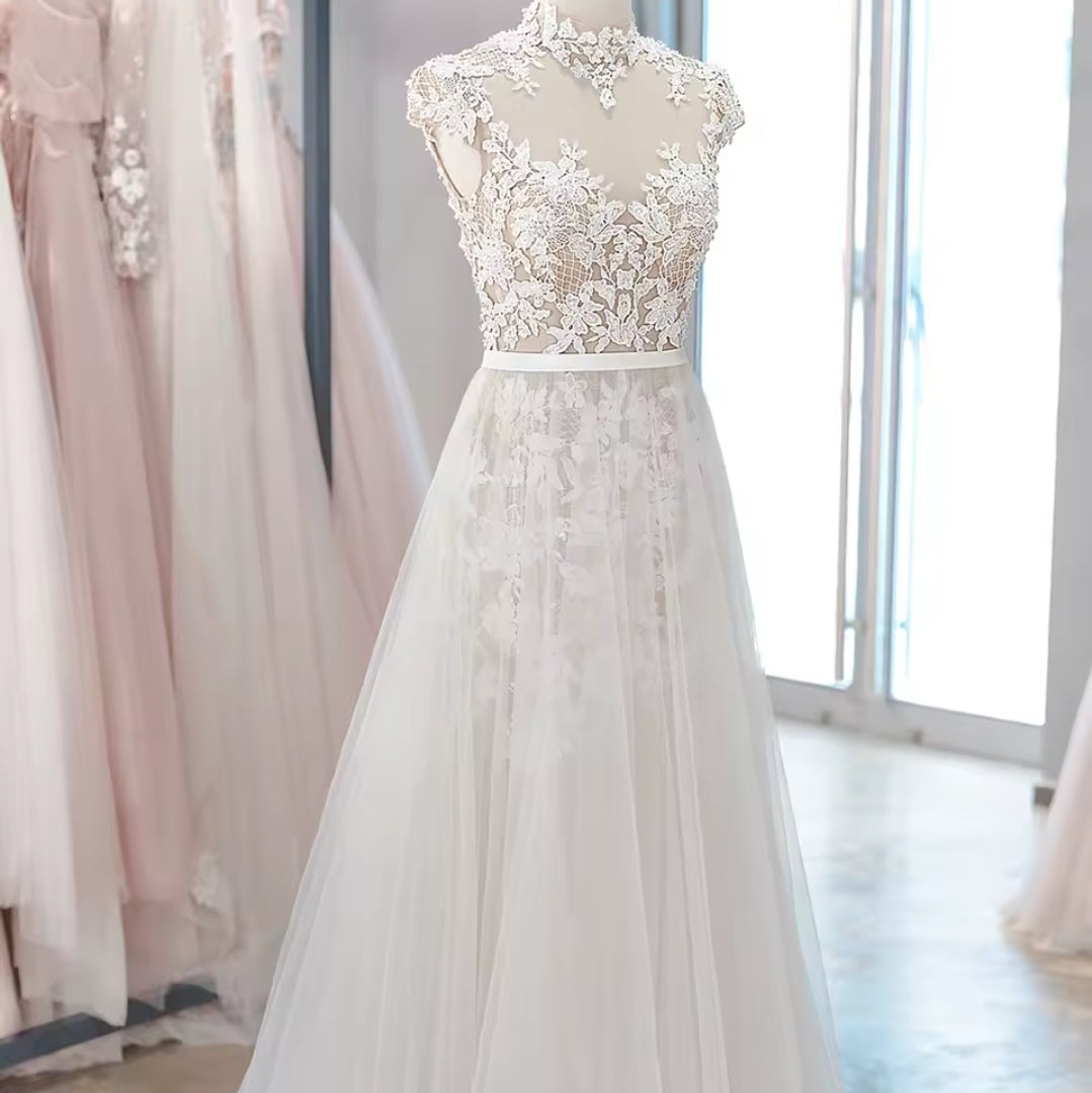 Mid Neck Sequinned Floral Lace Cap Sleeve Sweetheart Boho Beach Style Bridal And Ceremonial Gown