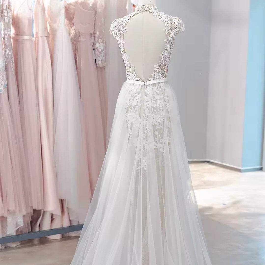 Mid Neck Sequinned Floral Lace Cap Sleeve Sweetheart Boho Beach Style Bridal And Ceremonial Gown
