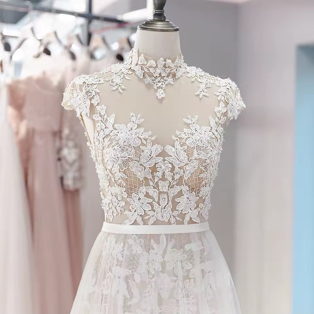 Mid Neck Sequinned Floral Lace Cap Sleeve Sweetheart Boho Beach Style Bridal And Ceremonial Gown