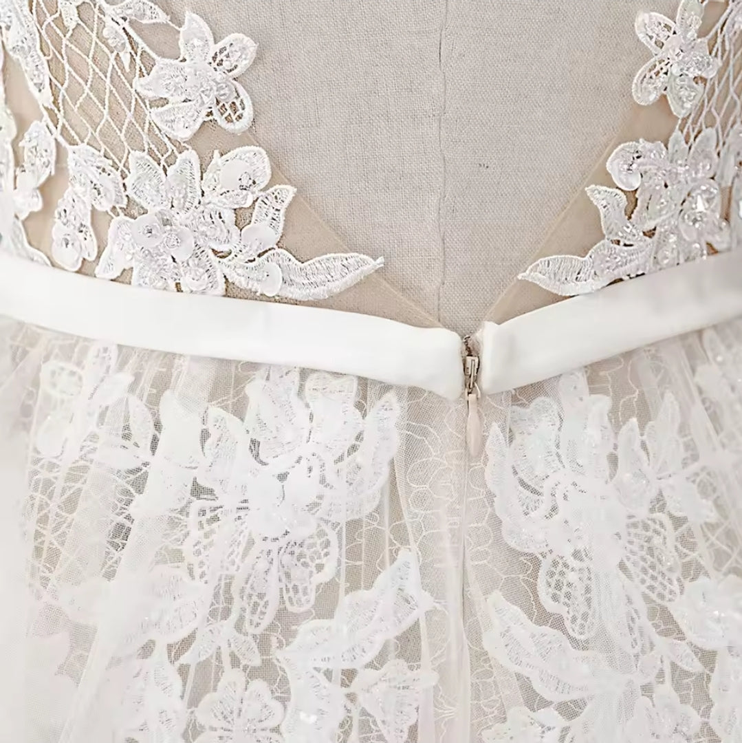 Mid Neck Sequinned Floral Lace Cap Sleeve Sweetheart Boho Beach Style Bridal And Ceremonial Gown
