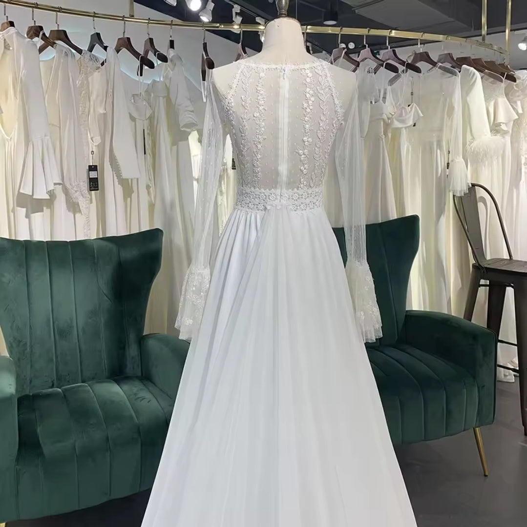 Romantic And Modest Boho Long Sleeve Lace Bodice Bridal, Ceremonial And Vow Renewal Gown
