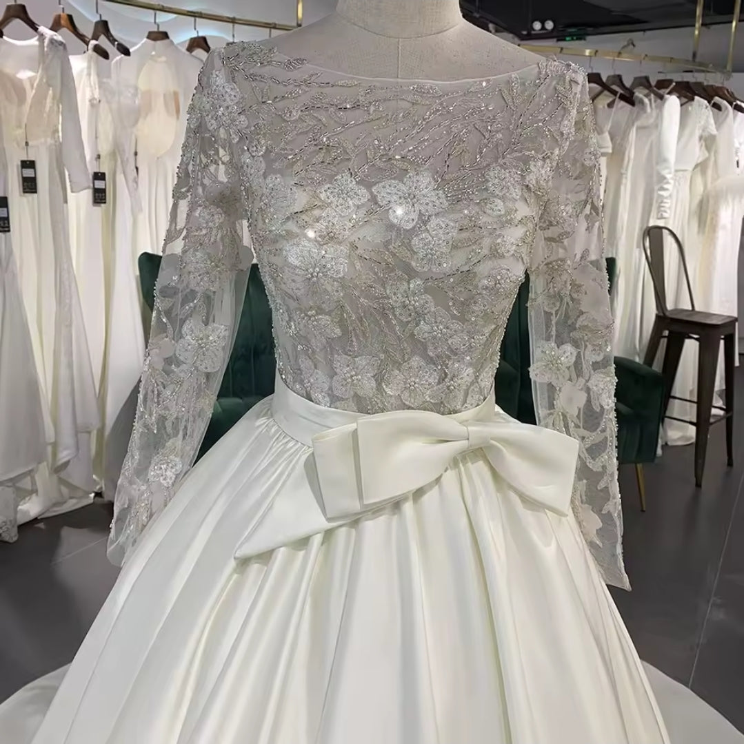 Beaded And Sequinned Floral Embroidered Long Sleeve Satin A-Line 2025 Bridal Gown