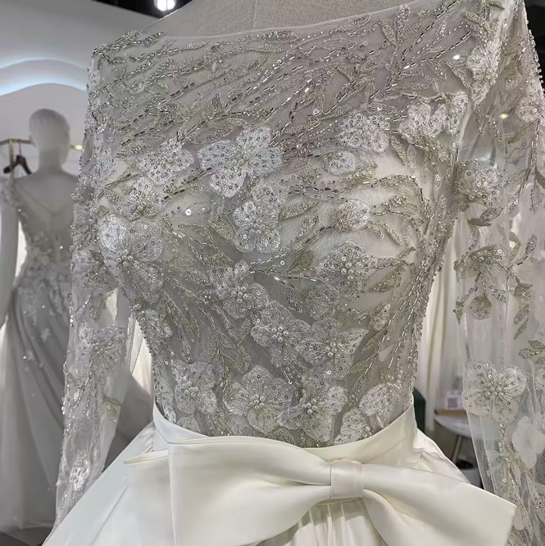 Beaded And Sequinned Floral Embroidered Long Sleeve Satin A-Line 2025 Bridal Gown
