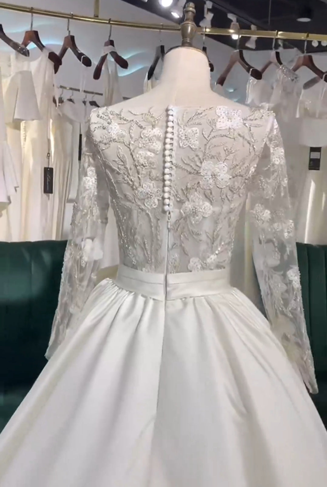 Beaded And Sequinned Floral Embroidered Long Sleeve Satin A-Line 2025 Bridal Gown