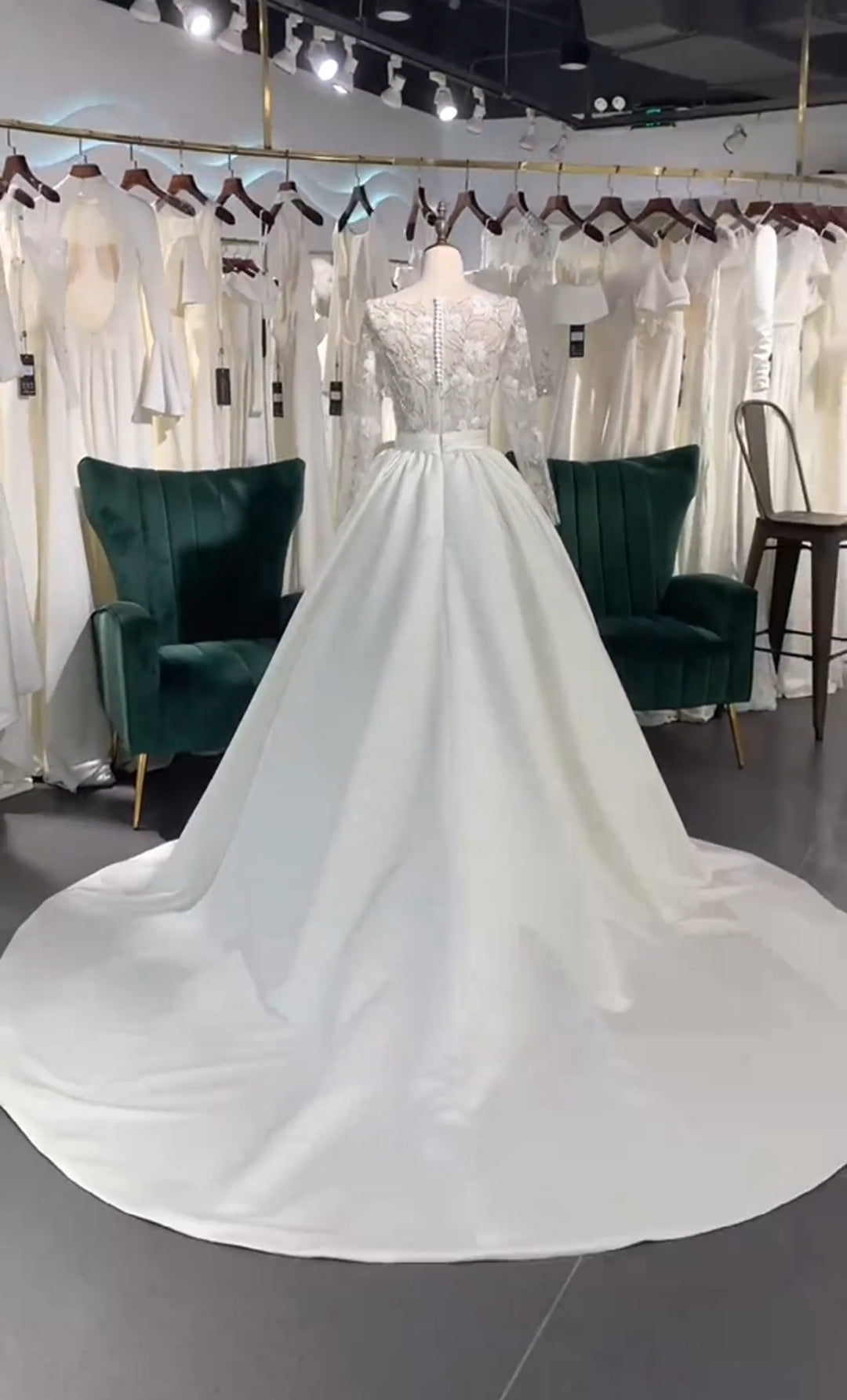 Beaded And Sequinned Floral Embroidered Long Sleeve Satin A-Line 2025 Bridal Gown