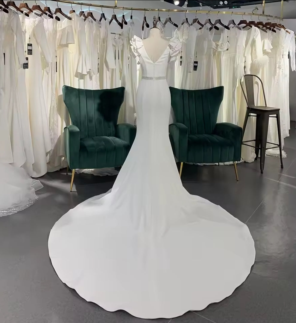 Ruffled Cap Sleeve V Neck And Pearl Beaded Minimalist Lace Waist Bridal, Ceremonial And Vow Renewal Mermaid Gown
