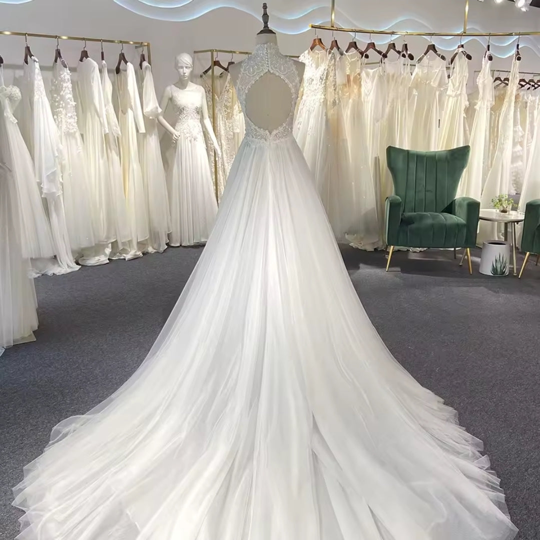 High Neck Beautiful Lace Halter 2025 Boho Beach Bridal, Vow Renewal And Ceremonial A-Line Gown