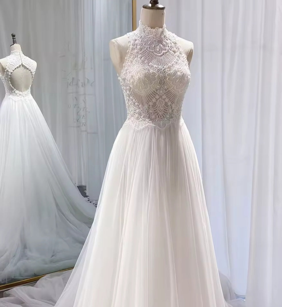 High Neck Beautiful Lace Halter 2025 Boho Beach Bridal, Vow Renewal And Ceremonial A-Line Gown