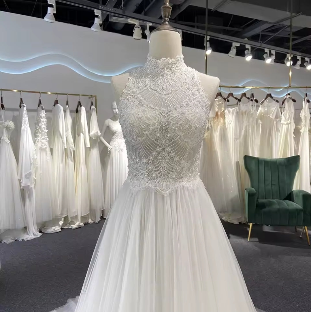 High Neck Beautiful Lace Halter 2025 Boho Beach Bridal, Vow Renewal And Ceremonial A-Line Gown