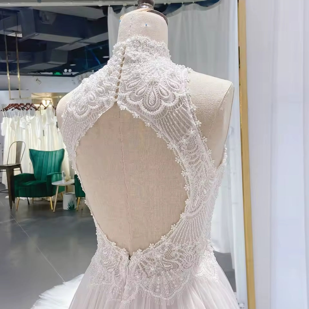 High Neck Beautiful Lace Halter 2025 Boho Beach Bridal, Vow Renewal And Ceremonial A-Line Gown