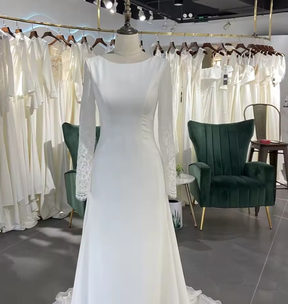 Simply Modest Long Sleeve 2025 Mermaid Gown With Beautiful Lace Back And Lace Sleeve Accents