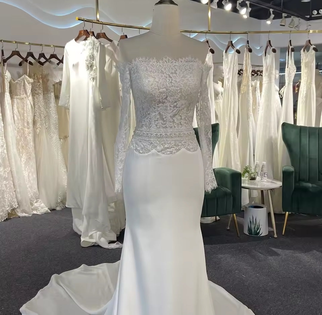Elegant Ivory Lace Off The Shoulder Boat Neck Scalloped Waistline Detail Trumpet Bridal, Civil Ceremony And Vow Renewal Gown