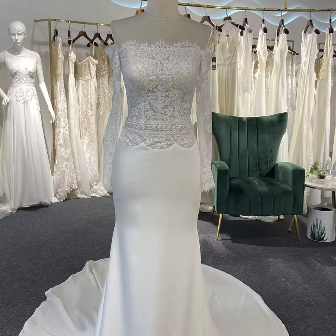 Elegant Ivory Lace Off The Shoulder Boat Neck Scalloped Waistline Detail Trumpet Bridal, Civil Ceremony And Vow Renewal Gown