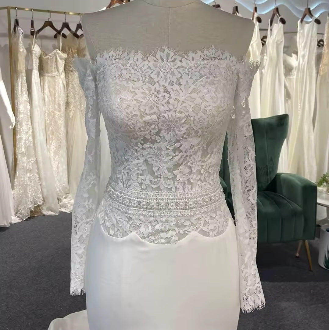 Elegant Ivory Lace Off The Shoulder Boat Neck Scalloped Waistline Detail Trumpet Bridal, Civil Ceremony And Vow Renewal Gown