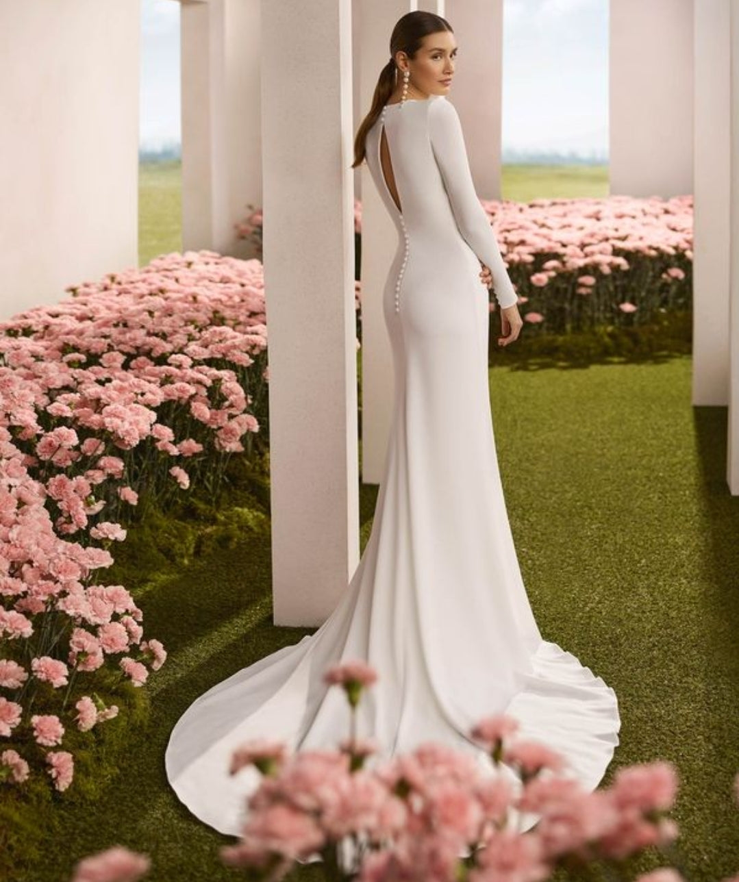 Long Sleeve Crepe Cinched Circle Cutout Detail With Plunging V Neck And Tear Drop Open Back And Button Enclosure