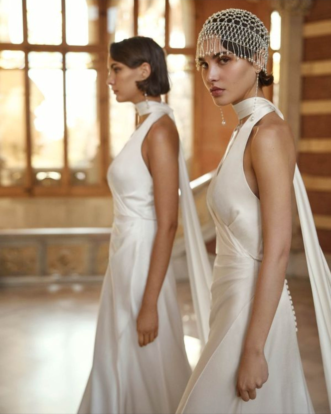 2 Piece Textured Satin Straight Bridal And Ceremonial Gown With V-Neckline, Open Back And Choker With Cascading Details
