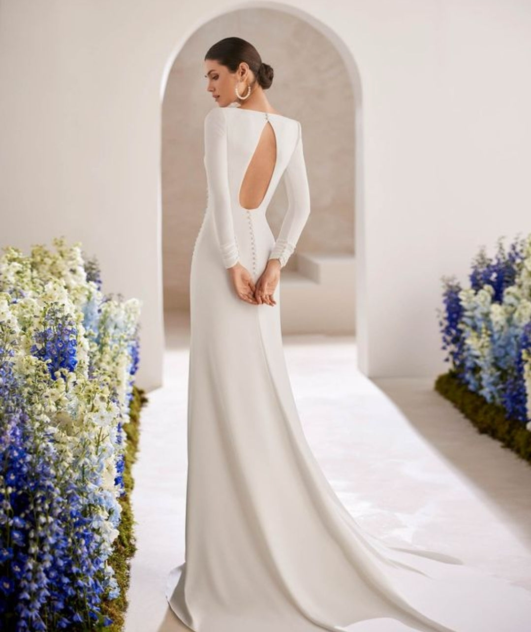 Stylish Crepe Long Sleeve Sheath Style Bridal Gown With Square Neckline, Open Back , Front Slit And Decorative Buttons