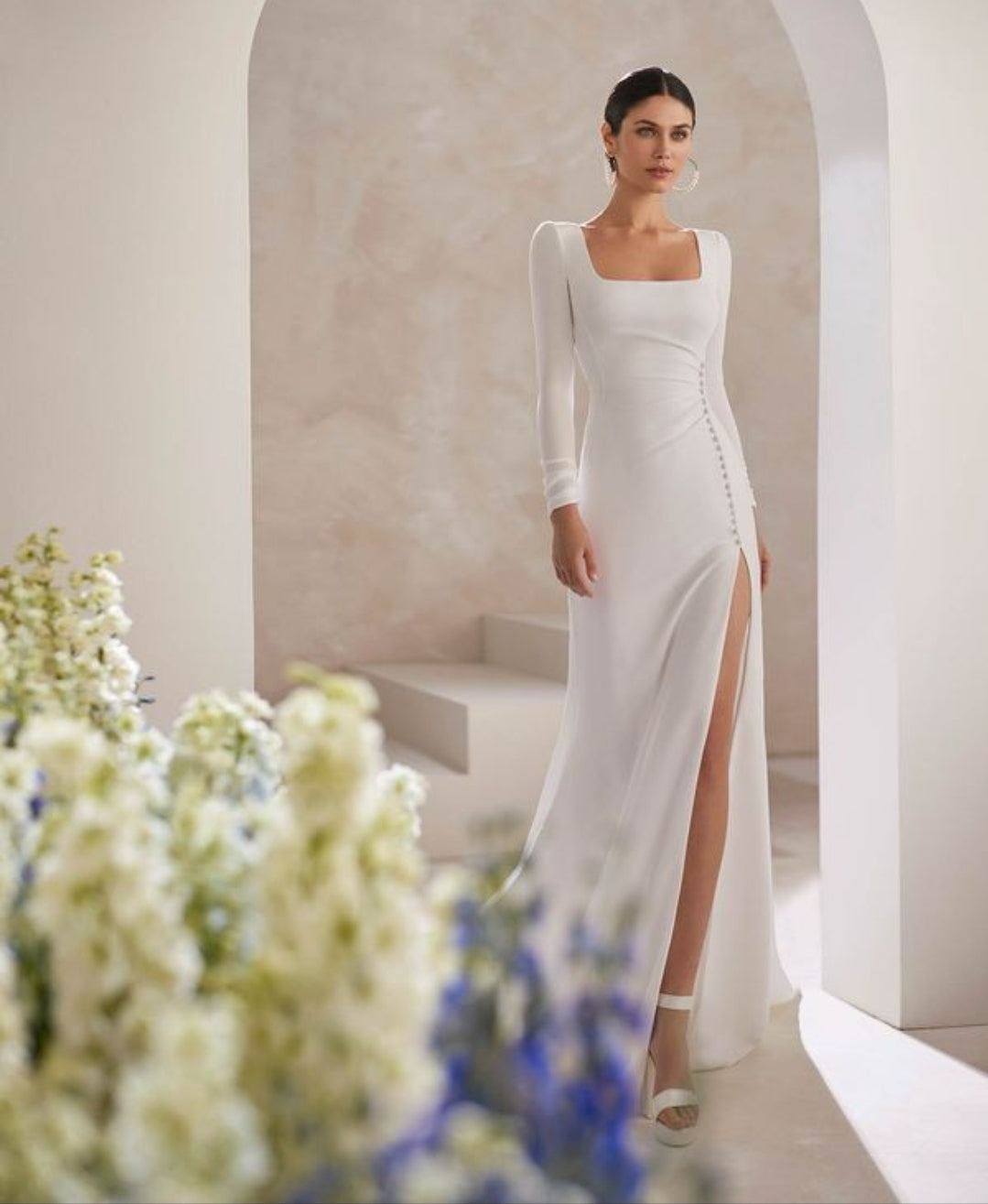 Stylish Crepe Long Sleeve Sheath Style Bridal Gown With Square Neckline, Open Back , Front Slit And Decorative Buttons